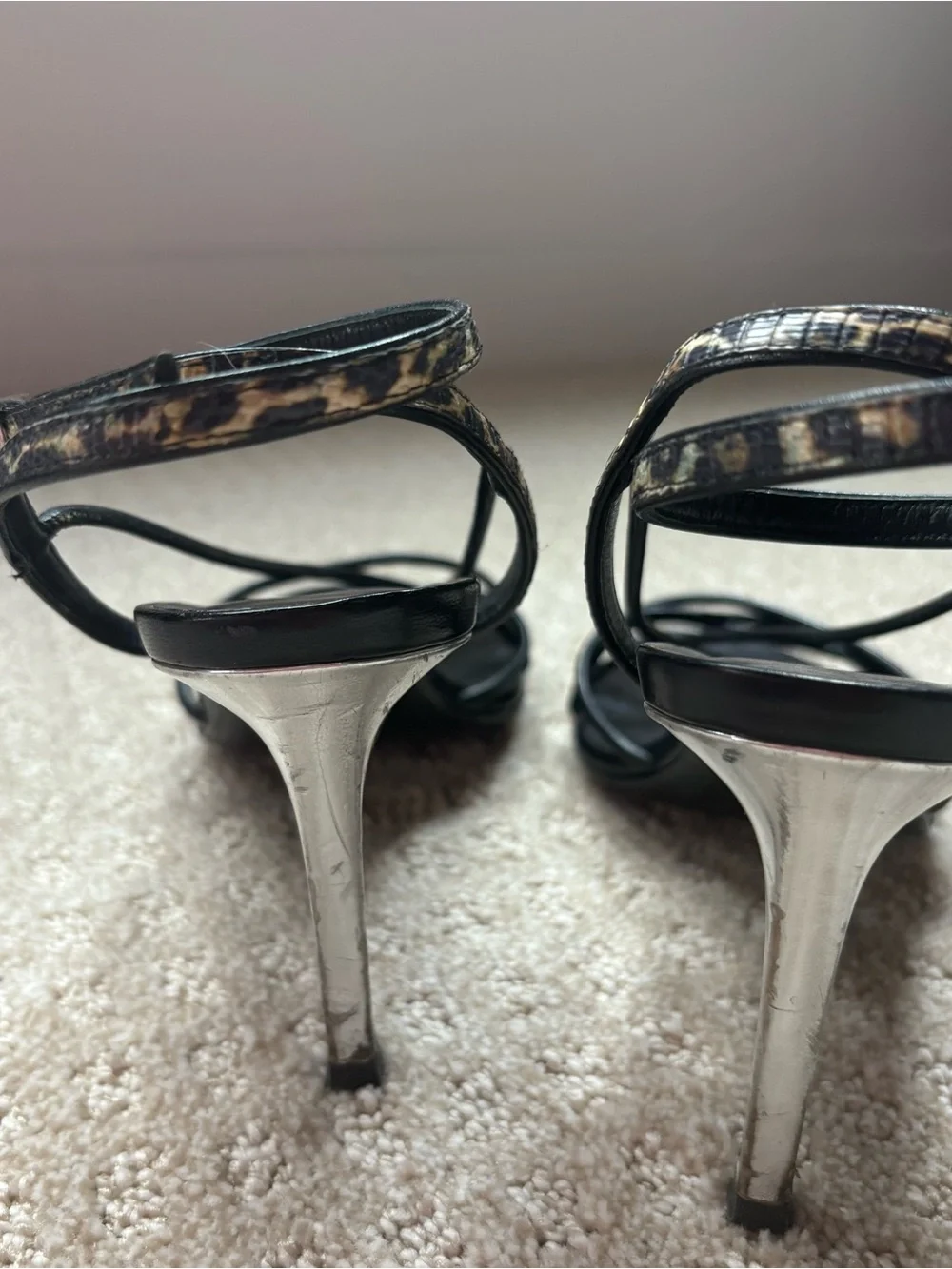 Saint Laurent Black Strappy Heeled Sandals with Leopard Accent Size 39